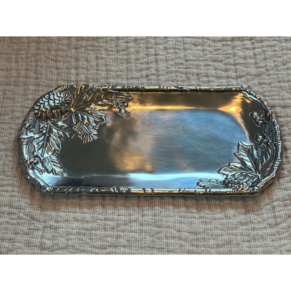 Arthur Court 2007 Aluminum Pinecone Oak Leaf Rectangular Serving Tray 11.5 Inch